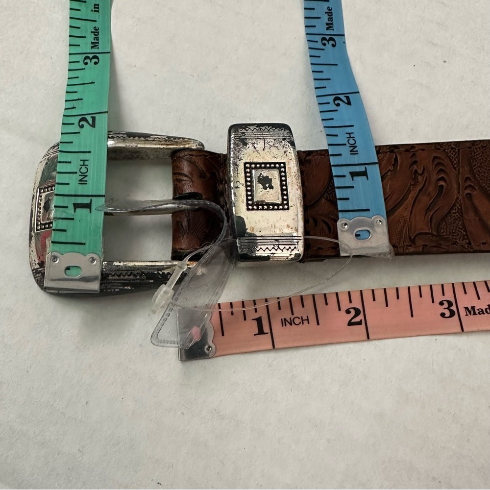 Tooled Leather Belt Brown with Silver Very Distressed Etched Hardware Never Worn - Picture 7 of 10